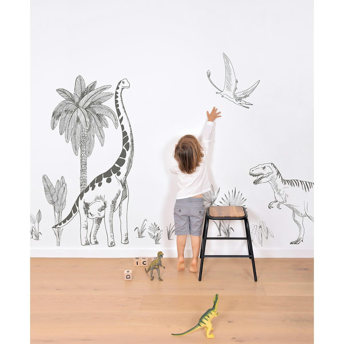 DINOSAURUS - Stickers XL dinosaure et palmier en Vinyle mat Gris anthracite