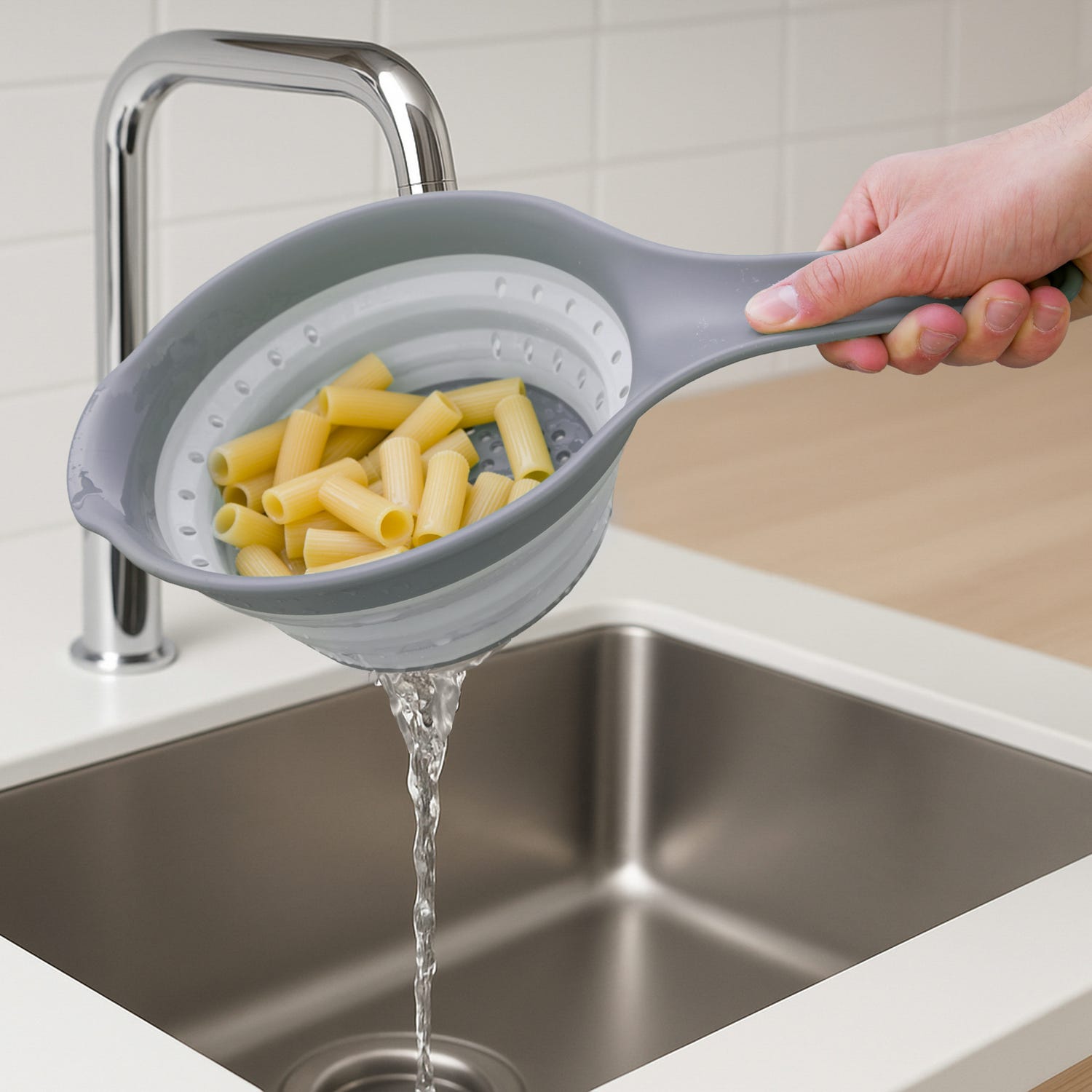 Scolapasta salvaspazio pieghevole grigio con manico