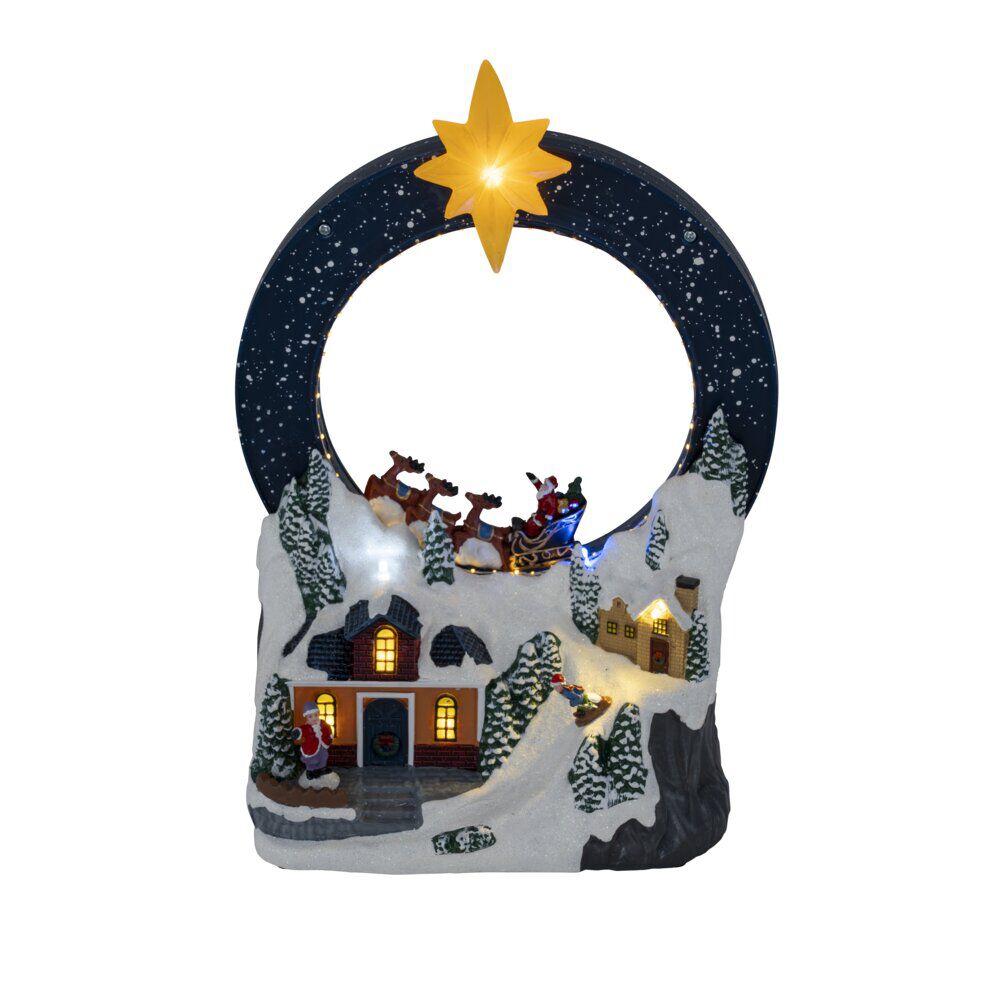 Village animé et lumineux avec maisons et traineau Père No&euml;l 19x11xH29cm