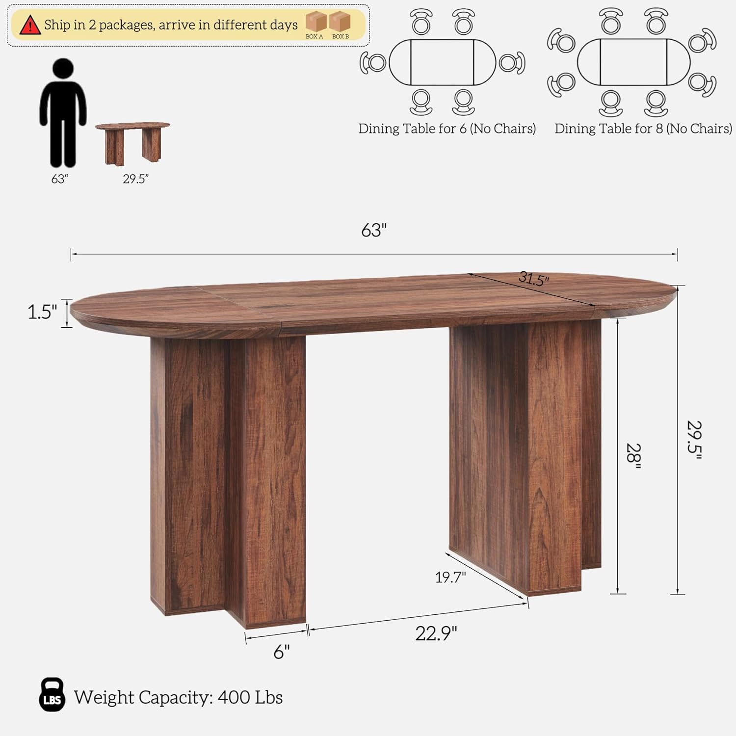 OKD 63 Inch Modern Wood Oval Dining Table for 4-6, Dining Room Table with Stable T-Shaped Base & Metal Frame & Thick Tabletop, Sturdy Kitchen Table for Dinner Room, Kitchen, Rustic Walnut