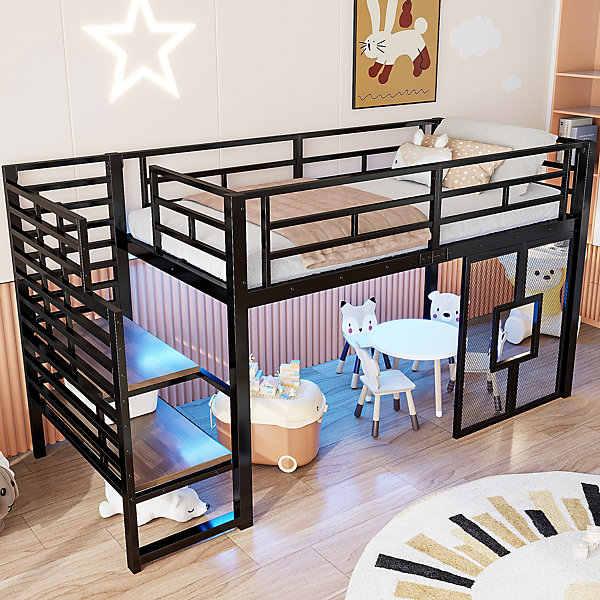 Lit Mezzanine 90x200 cm - Lit Simple avec Escalier de Rangement et LED Intégrée, sans Matelas - Métal Noir