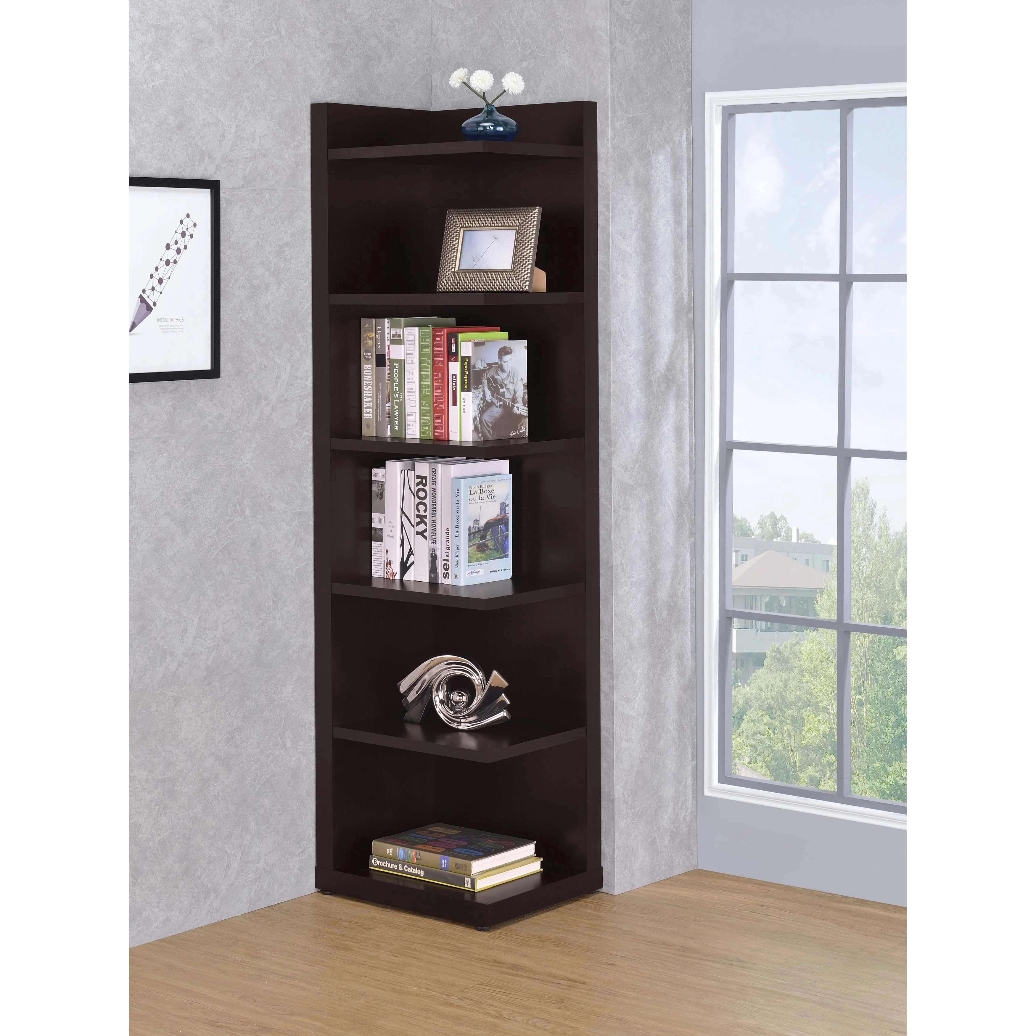 Alder 71-inch 5-shelf Corner Bookcase Cappuccino - 19.75 x 15.75 x 71.00