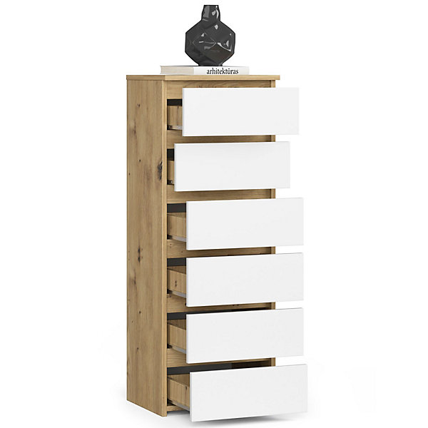 Commode AKORD CL6 Chêne Artisan 40 cm 6 tiroirs façade Blanche 40x35x109 cm