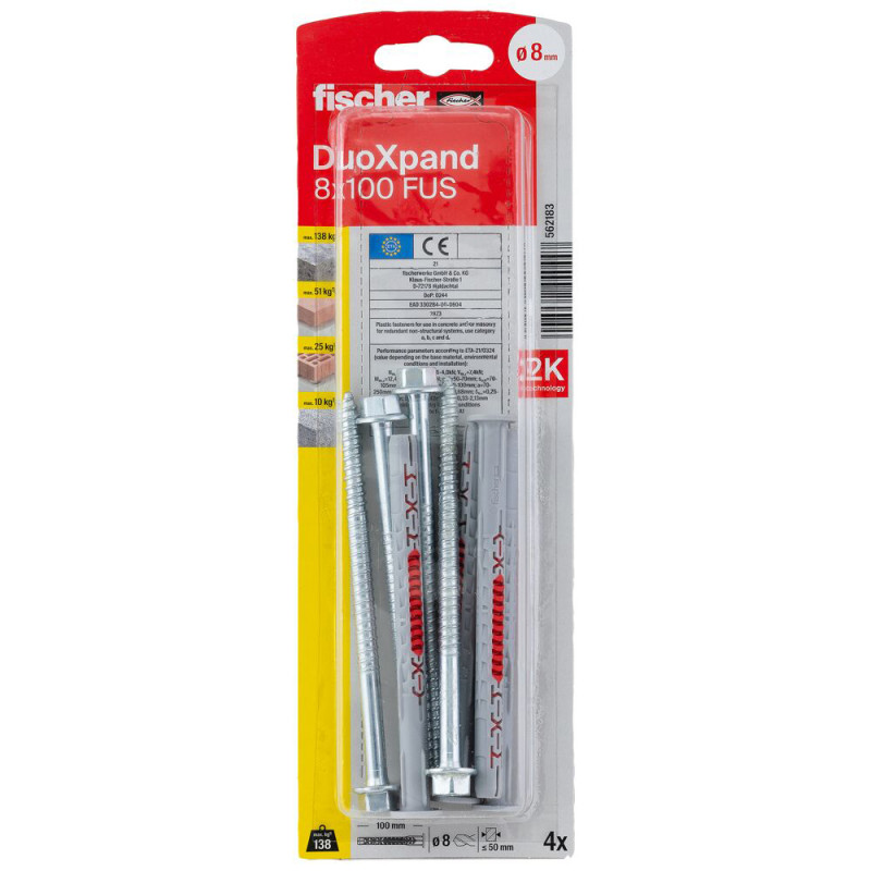Cheville DuoXpand en nylon avec vis à tête hexagonale Ø 8 x 100 mm 4 pièces