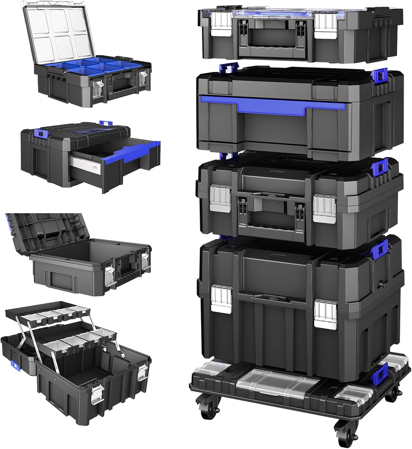 4 Tier Stackable Rolling Tool Box with Wheels | Modular Tool Organizer Box Storage System | Portable Tool Box with Drawers | Tough and Durable | For Garage Storage | Home Repairs | Professional Work