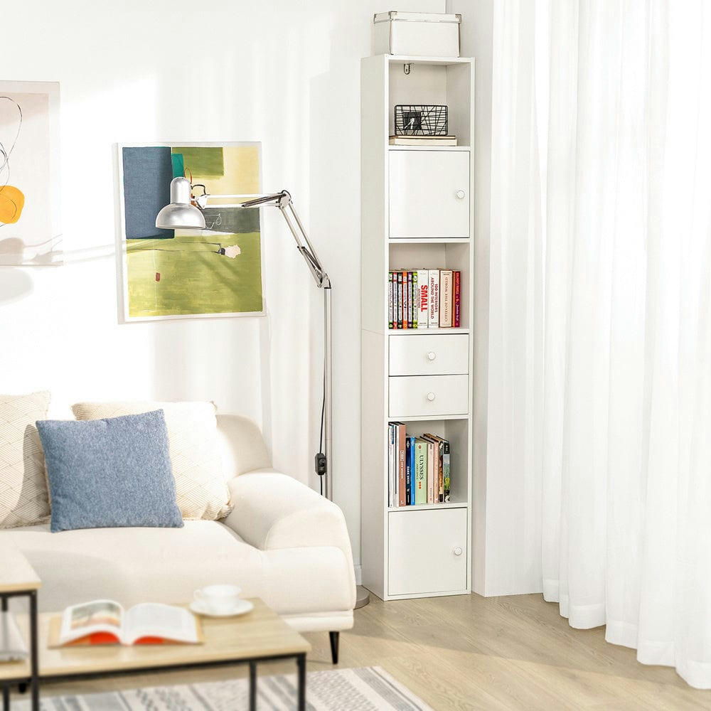 - Meuble colonne 2 portes 2 tiroirs effet bois blanc