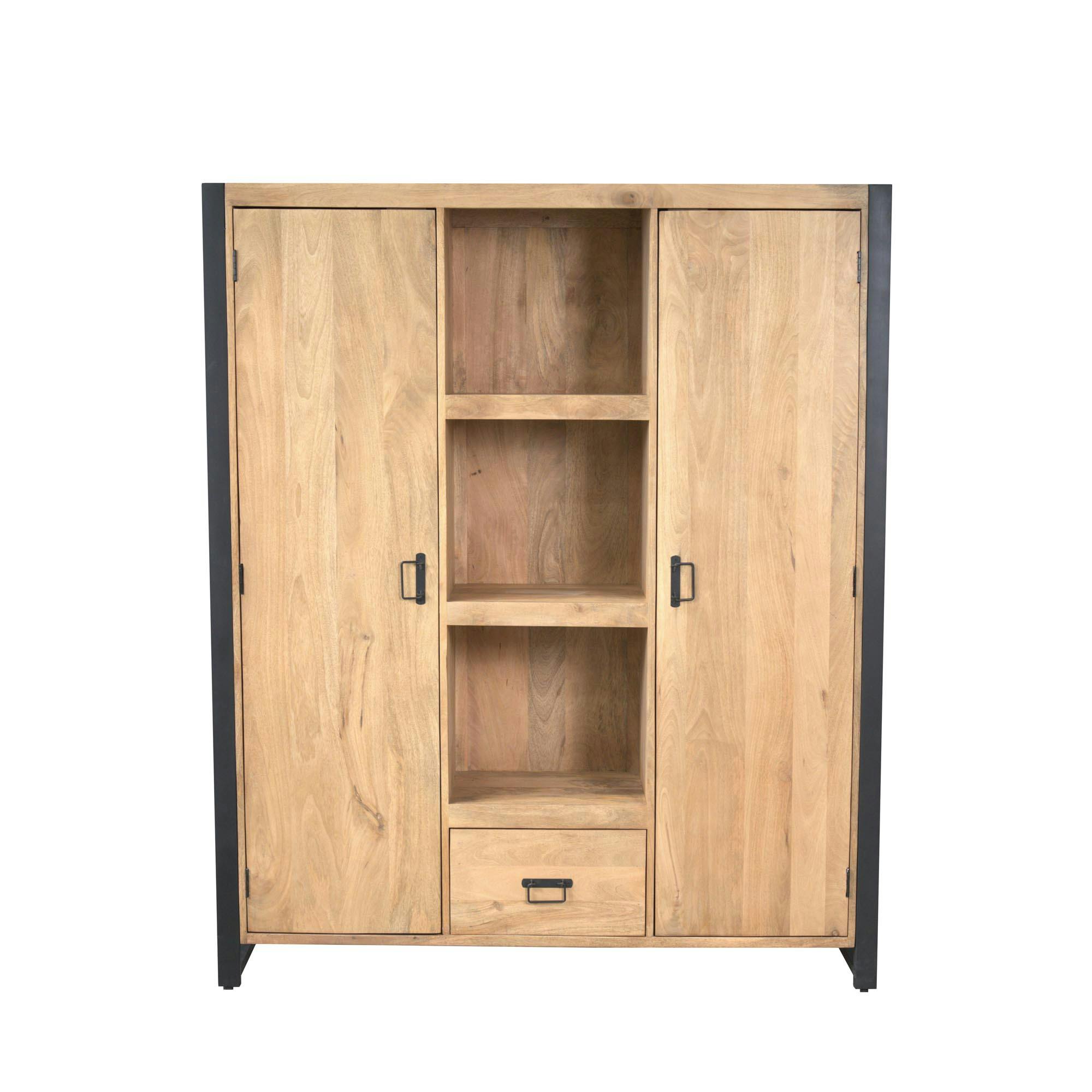Bibliothèque salon bois clair métal noir 2 portes MILORA