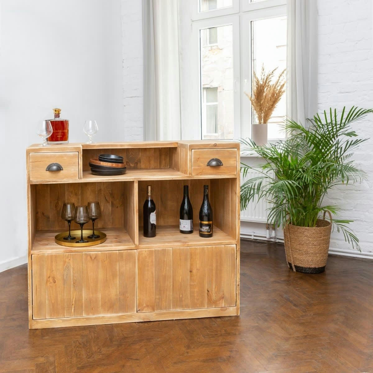GUSTAVE - Bar à vin 2 tiroirs 2 portes bois massif