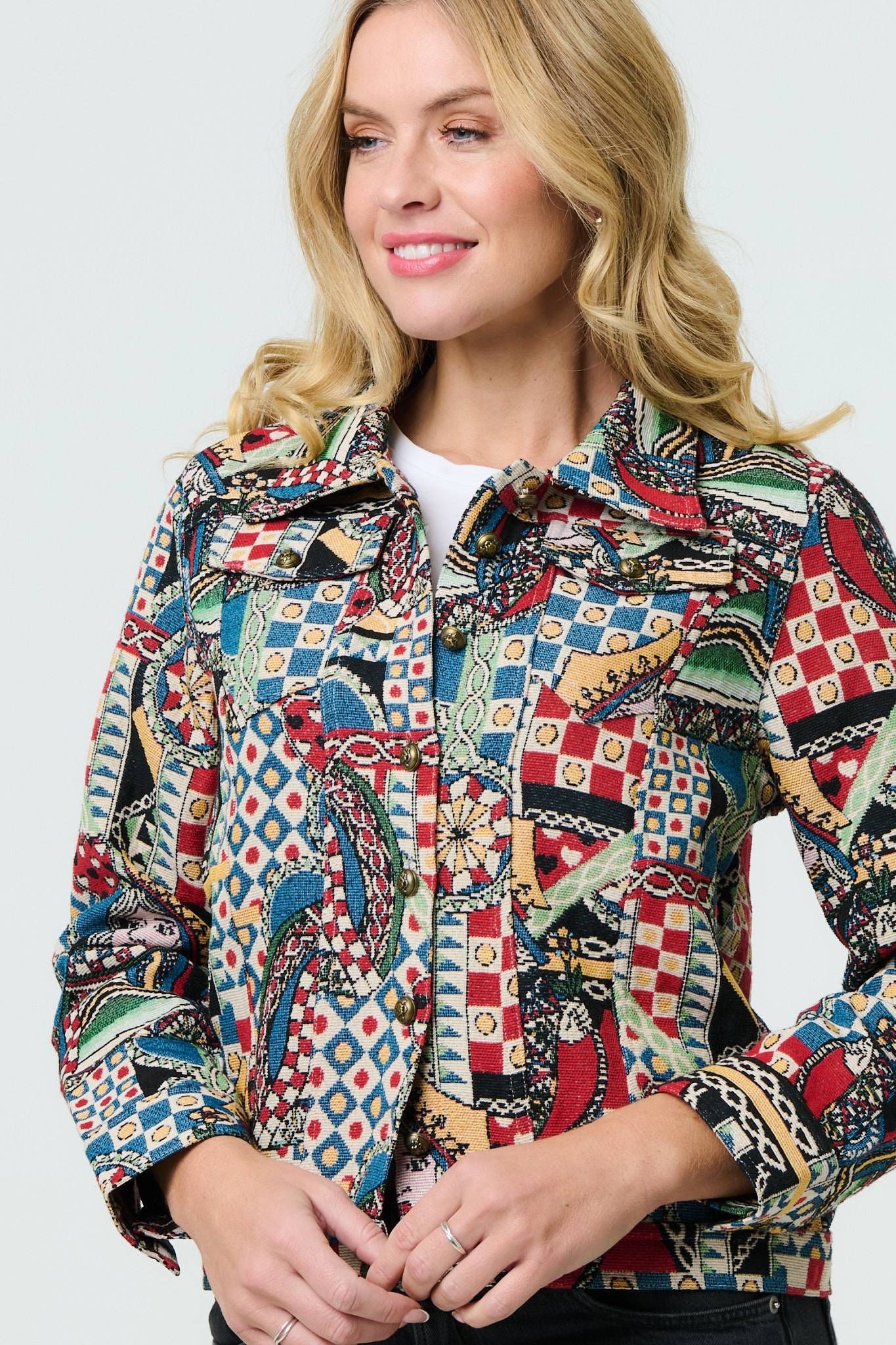 Izabel London Abstract Print Cropped Collared Jacket