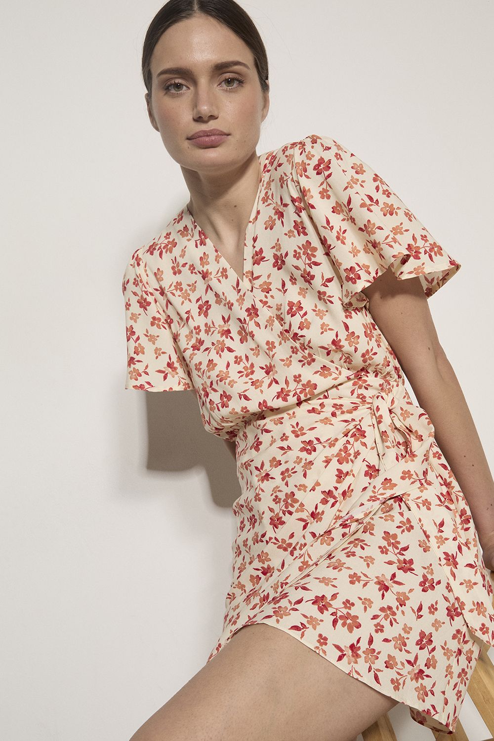 Apricot Floral Wrap Mini Dress