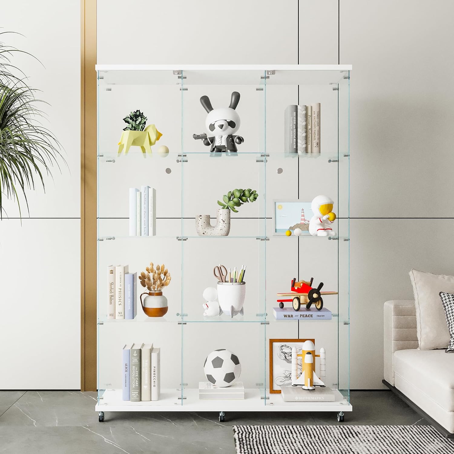 Frameless Glass Display Cabinet, Curio Cabinet Display Case with Locks and Hinged Doors, Quick-Install Floor Standing Large Showcase Display Shelf for Collectibles, Legos, Figures, Plants