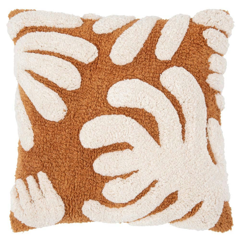 POSTON - Housse de coussin en coton recyclé tufté écru motif végétal camel brodé 40x40