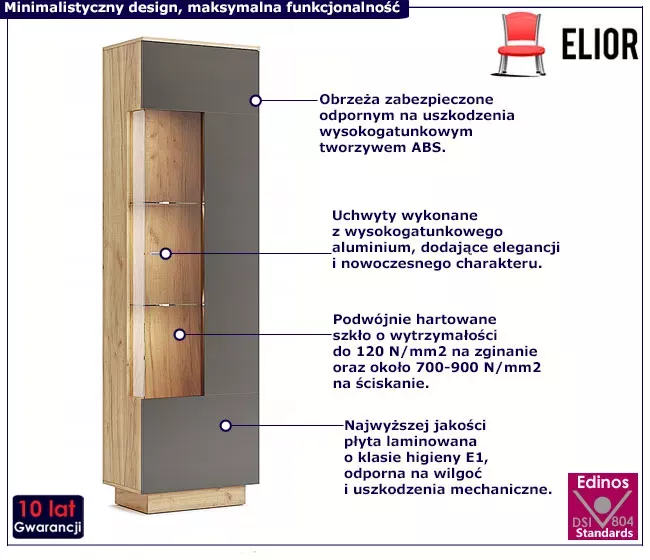 Regał słupek z witryną w kolorze dąb craft   lava mat - Tinix
