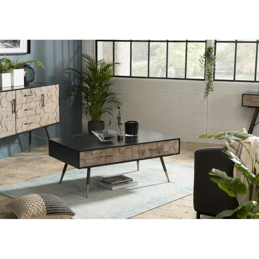 DALIE - Table basse noire 2 tiroirs en sapin marqueté pieds métal L110