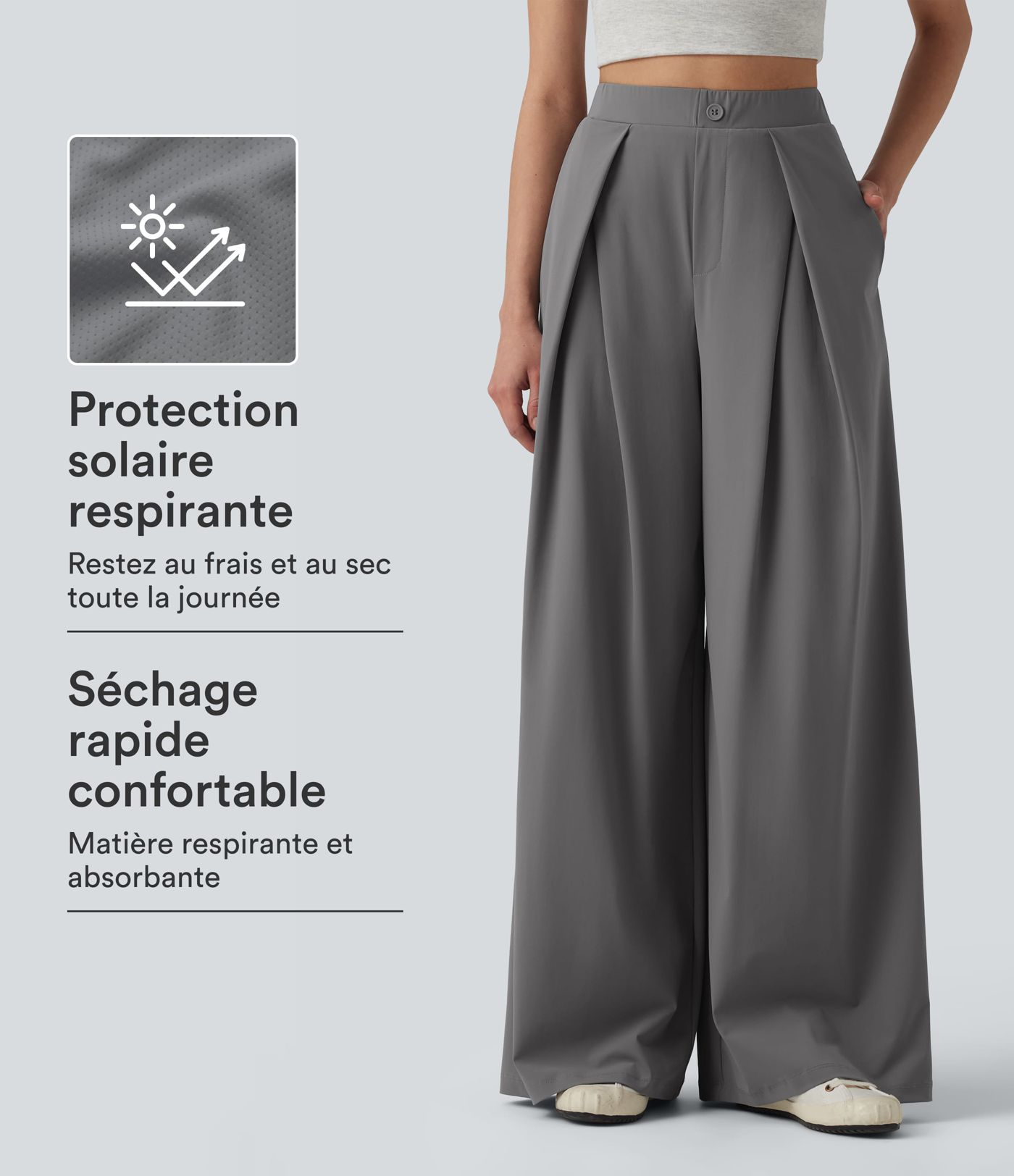 Pantalon large séchage rapide effet frais InstantCool taille haute avec poches, protection solaire UPF40
