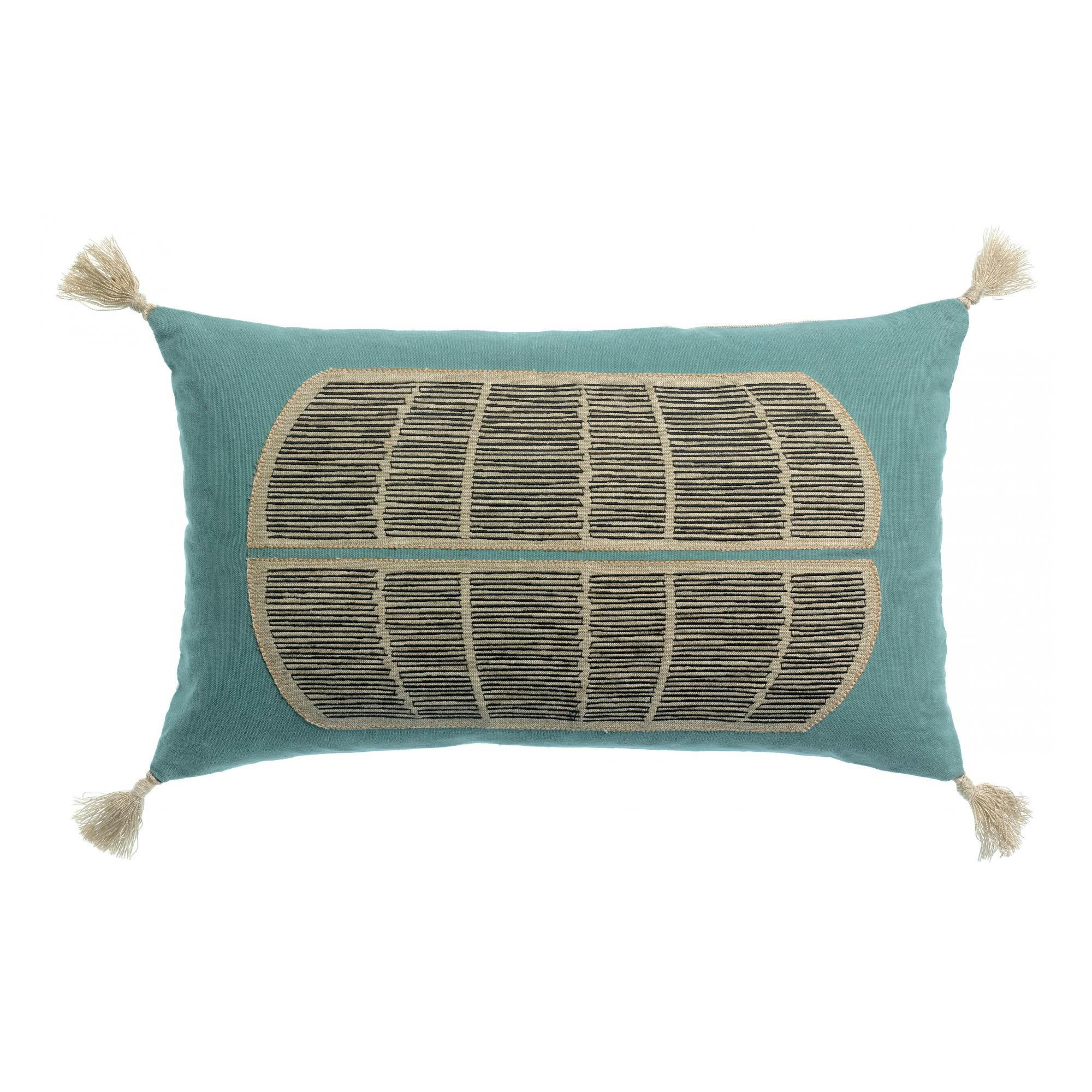 YAEL - Coussin brodé Yaël en coton prusse 30 x 50