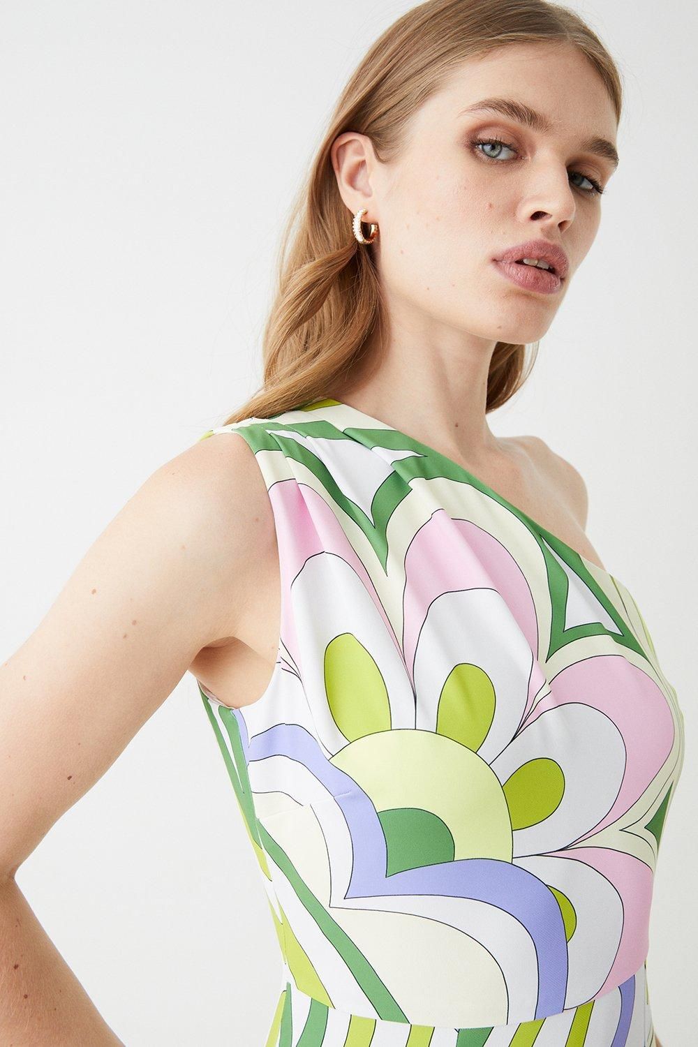 Coast One Shoulder Printed Drape Front Flowing Skirt Midi Dress