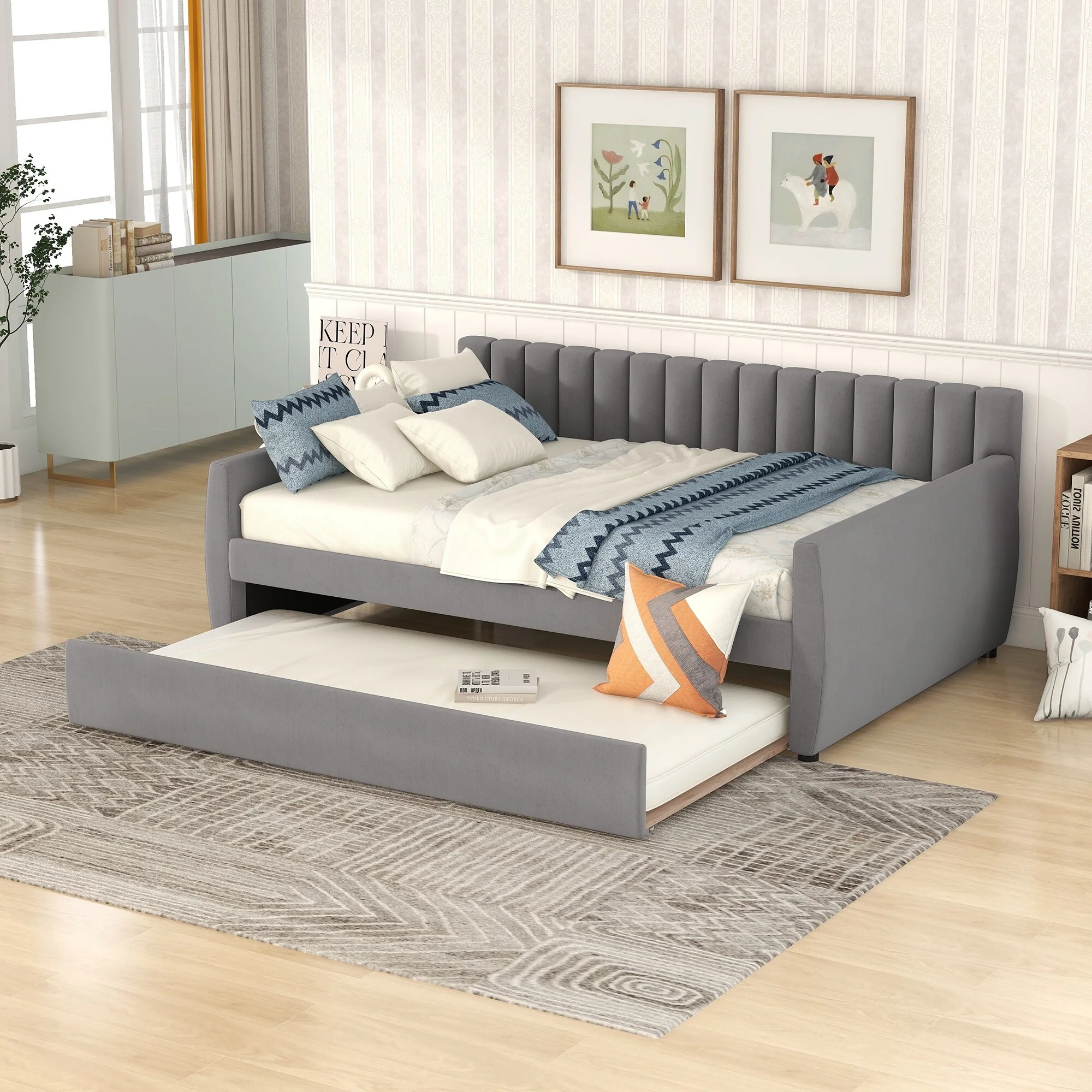 Roomfitters Full Size Upholstered Daybed with Trundle, Wood Slat Support and Soft Padded Frame