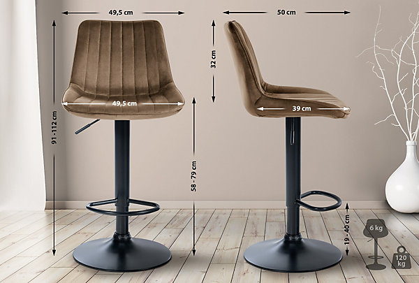 Lot de 2 tabourets de bar Toni velours, chaise réglable, structure métallique, repose-pieds intégré Métalnoirmat/Marron