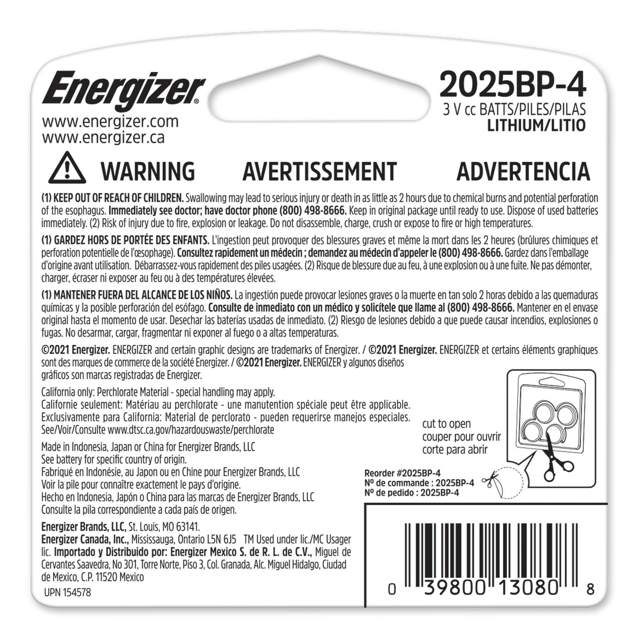 Energizer 2025 3V Lithium Coin Batteries, Long-Lasting, 4-pk