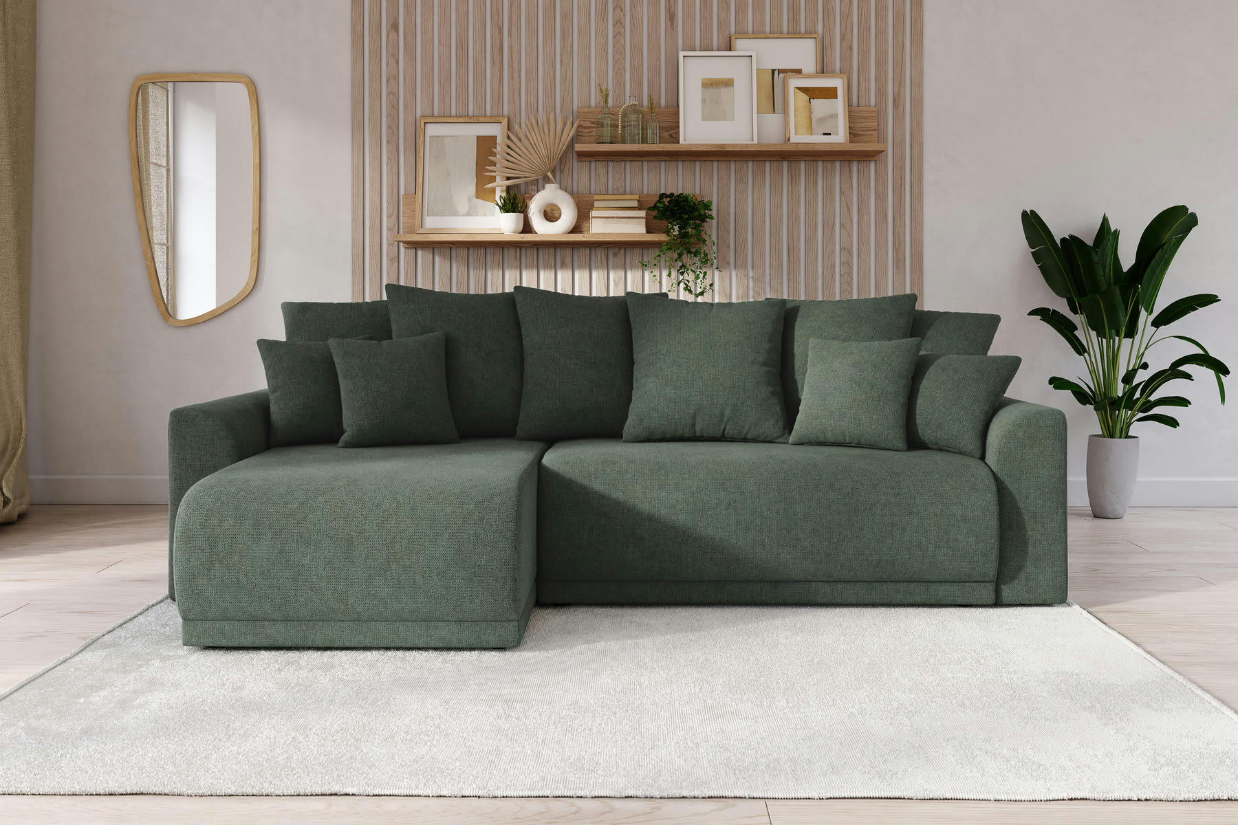 NOVA - Canapé d'angle convertible en tissu 4 places vert