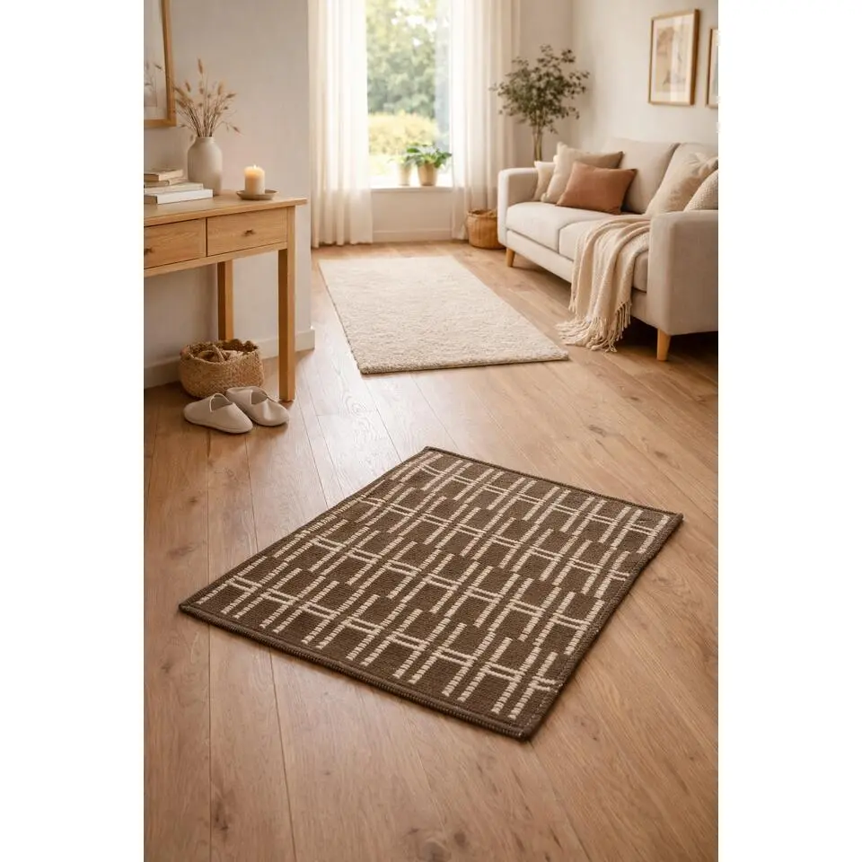 Rechthoekig katoenen tapijt met bruine en ecru motieven 90 x 60 cm