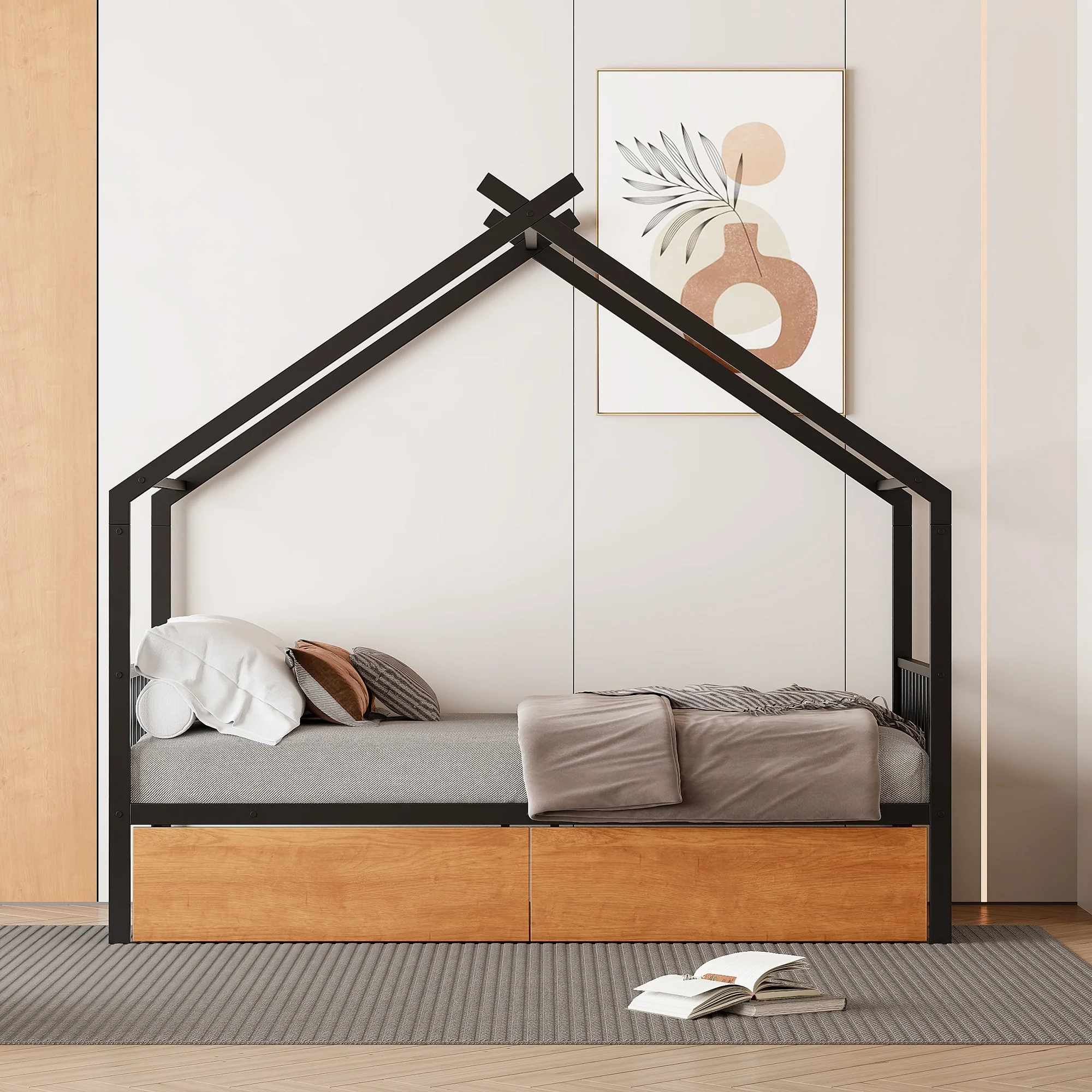 House-Shaped Metal Bed Frame with Two Storage Drawers, Twin Size, Sturdy Design