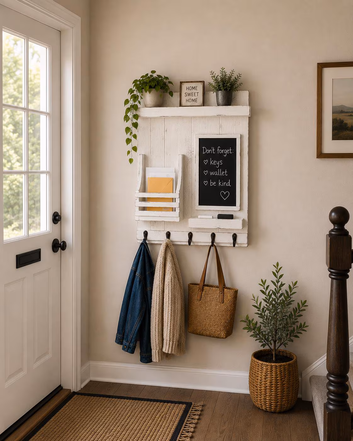 Farmhouse Rustic Distressed Entryway Organizer with Chalkboard, Key Hooks and Mail Holder