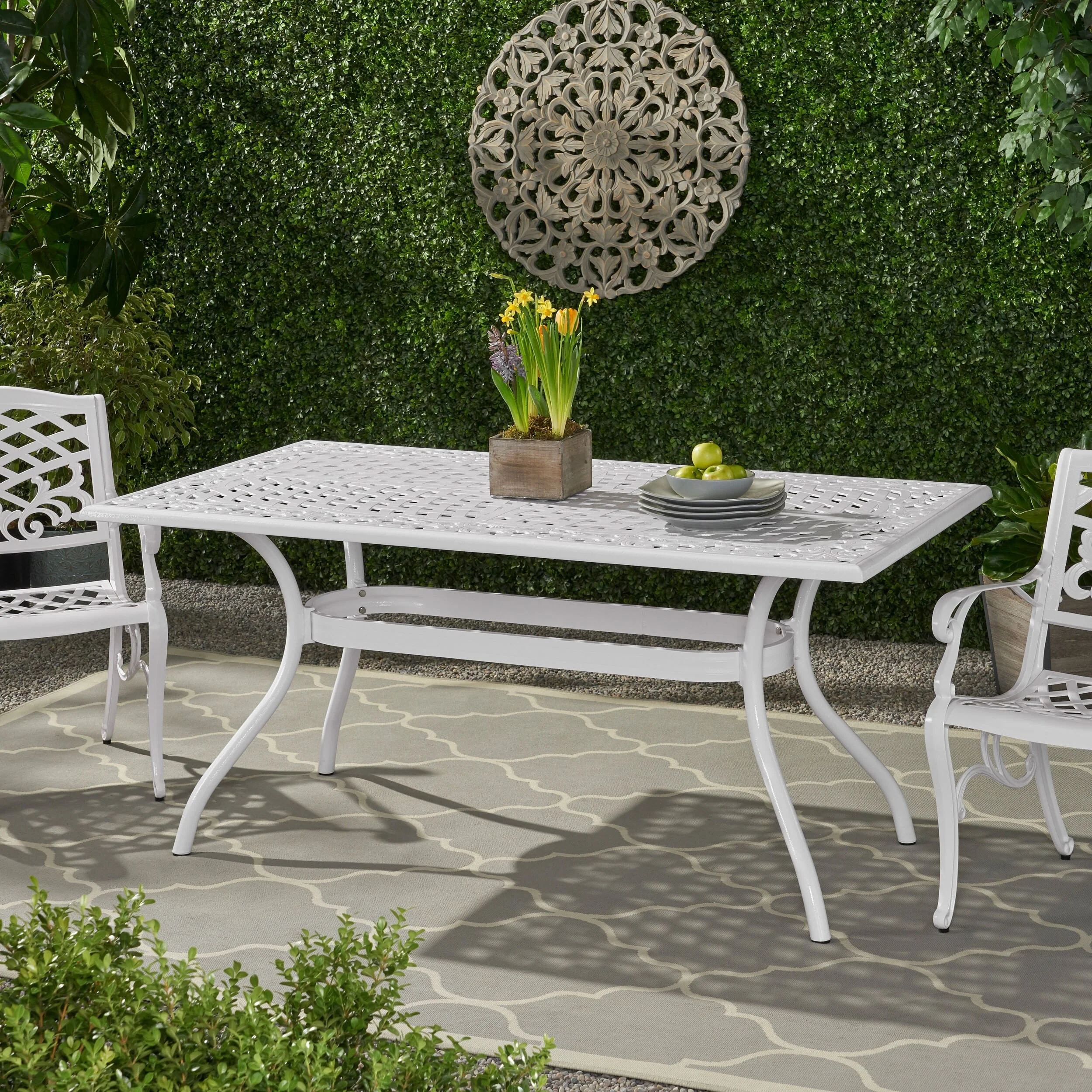 Roomfitters Outdoor Patio Dining Table with Lattice Top and Curved Legs, Cast Aluminum Design for Garden or Deck
