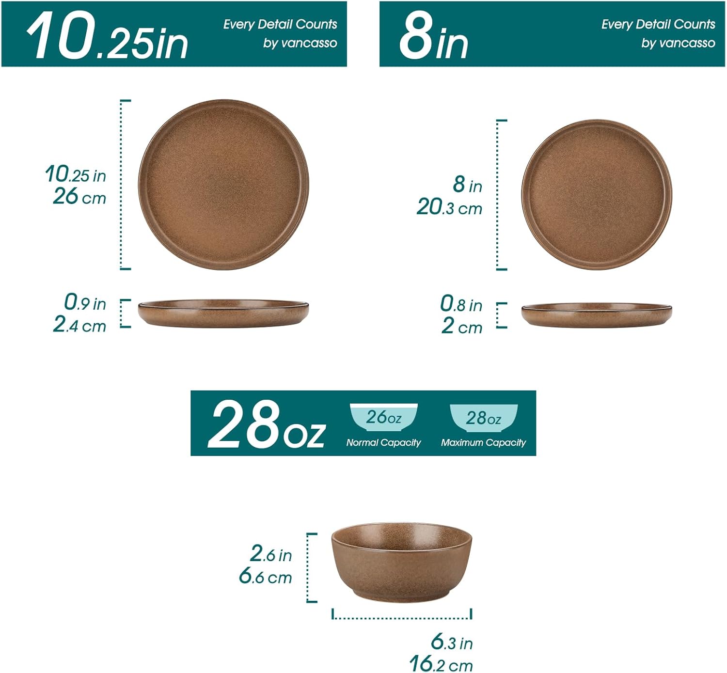 vancasso Plates and Bowls Sets, 18 Pieces Modern Ceramic Dinnerware Set for 6, Dish Set for Kitchen, Dinner Set Stoneware Dishware Set Microwave and Dishwasher Safe, Brown, Series ZERMATT