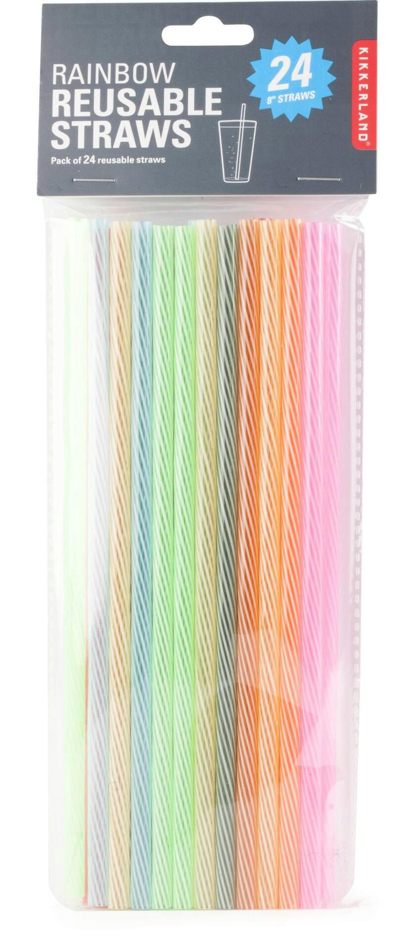 Plastic Reusable Straws, Multi-Coloured, Striped, 8-in, 24-pk, for Birthday Party
