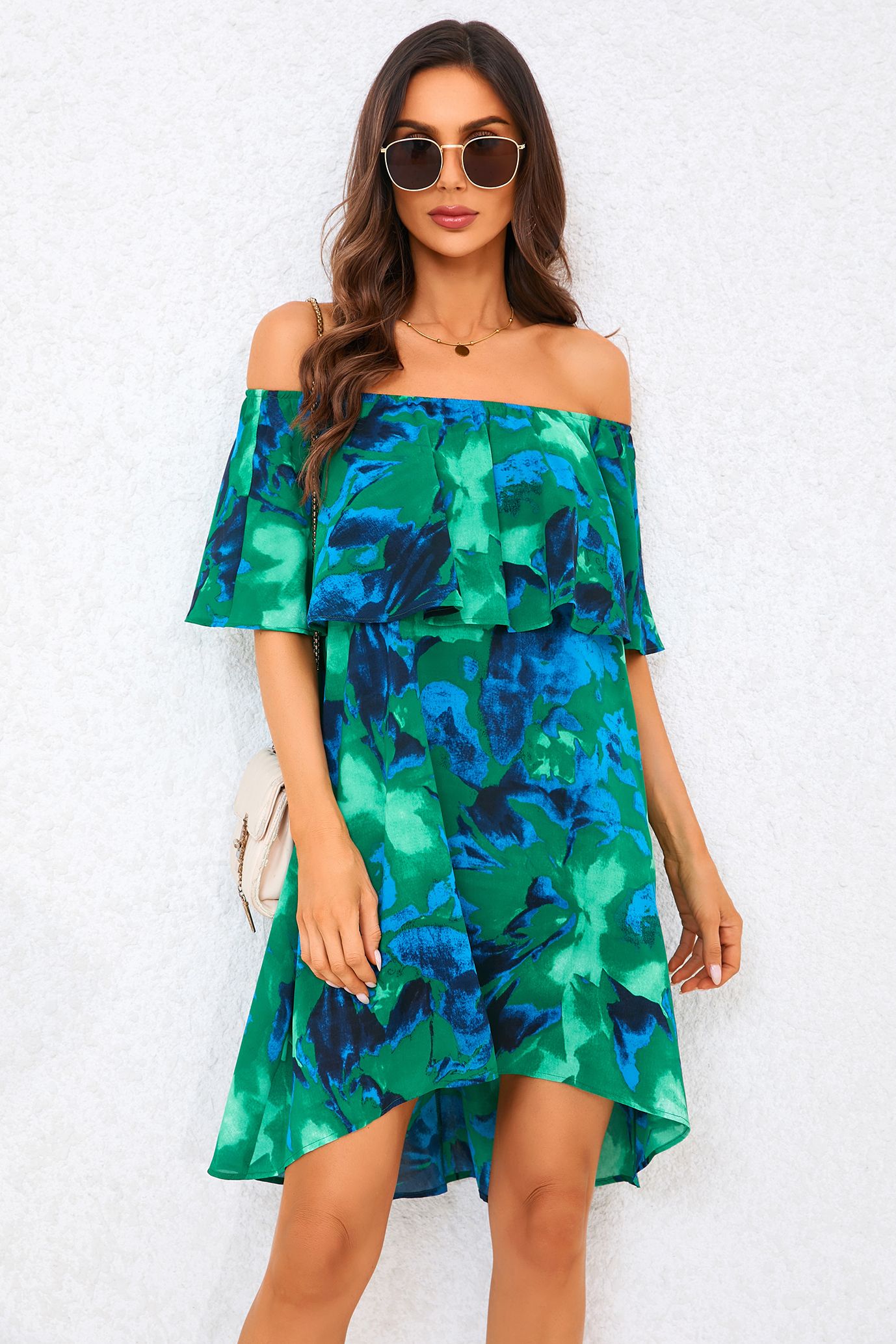 FS Collection Abstract Floral Print Bardot Frill Off Shoulder Mini Dress In Green