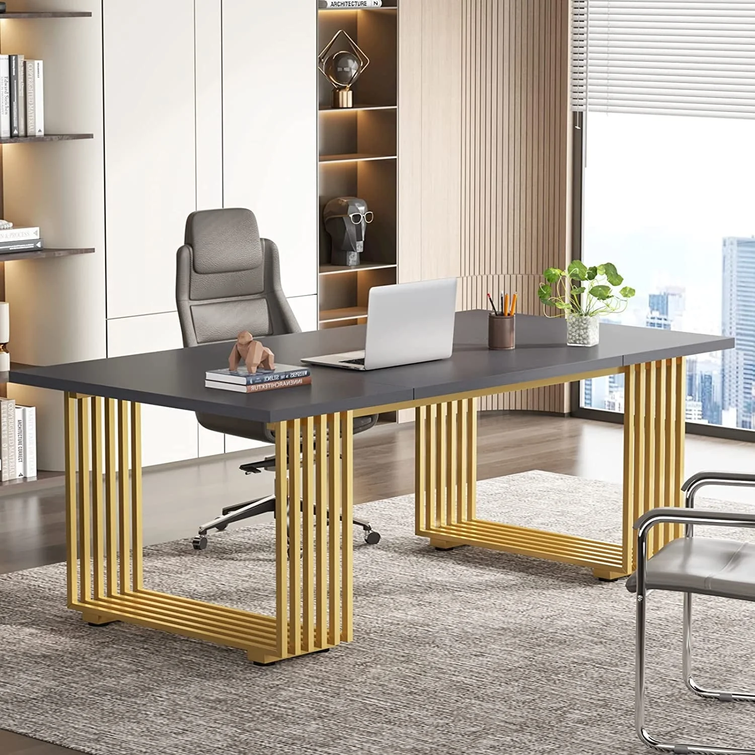 70.9 Inches Modern Office Desk Executive Desk with Gold Metal Legs