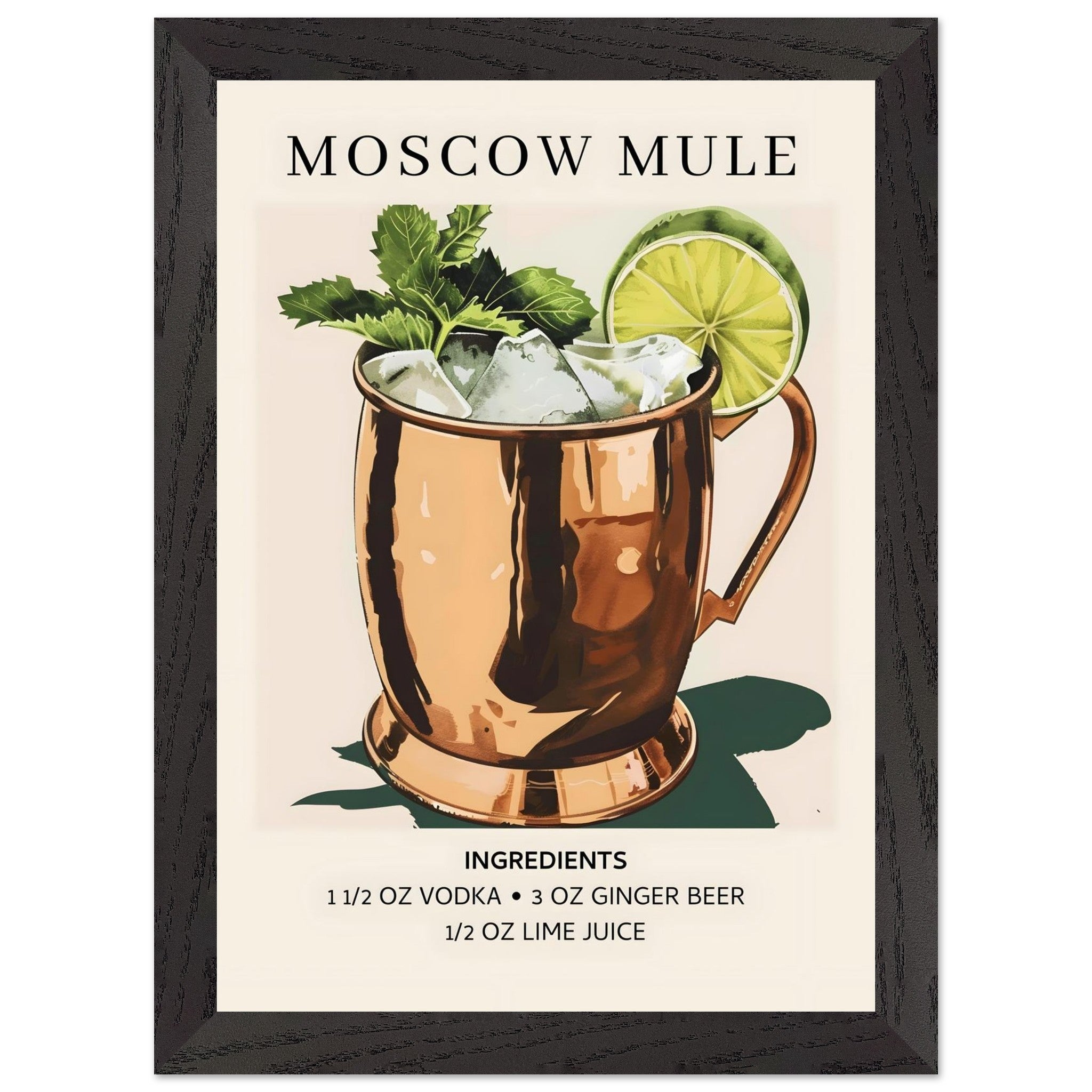 Artfulprints Poster met Lijst Moscow Mule cocktail I - Ingrediënten  - A4 21x29.7 cm - Meerkleurig