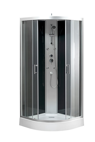 Cabine de douche 1/4 de cercle l.90 x L.90 x H.215 cm – hydromassante, gris anthracite, profilés chromés, montage rapide, GoodHome Onega