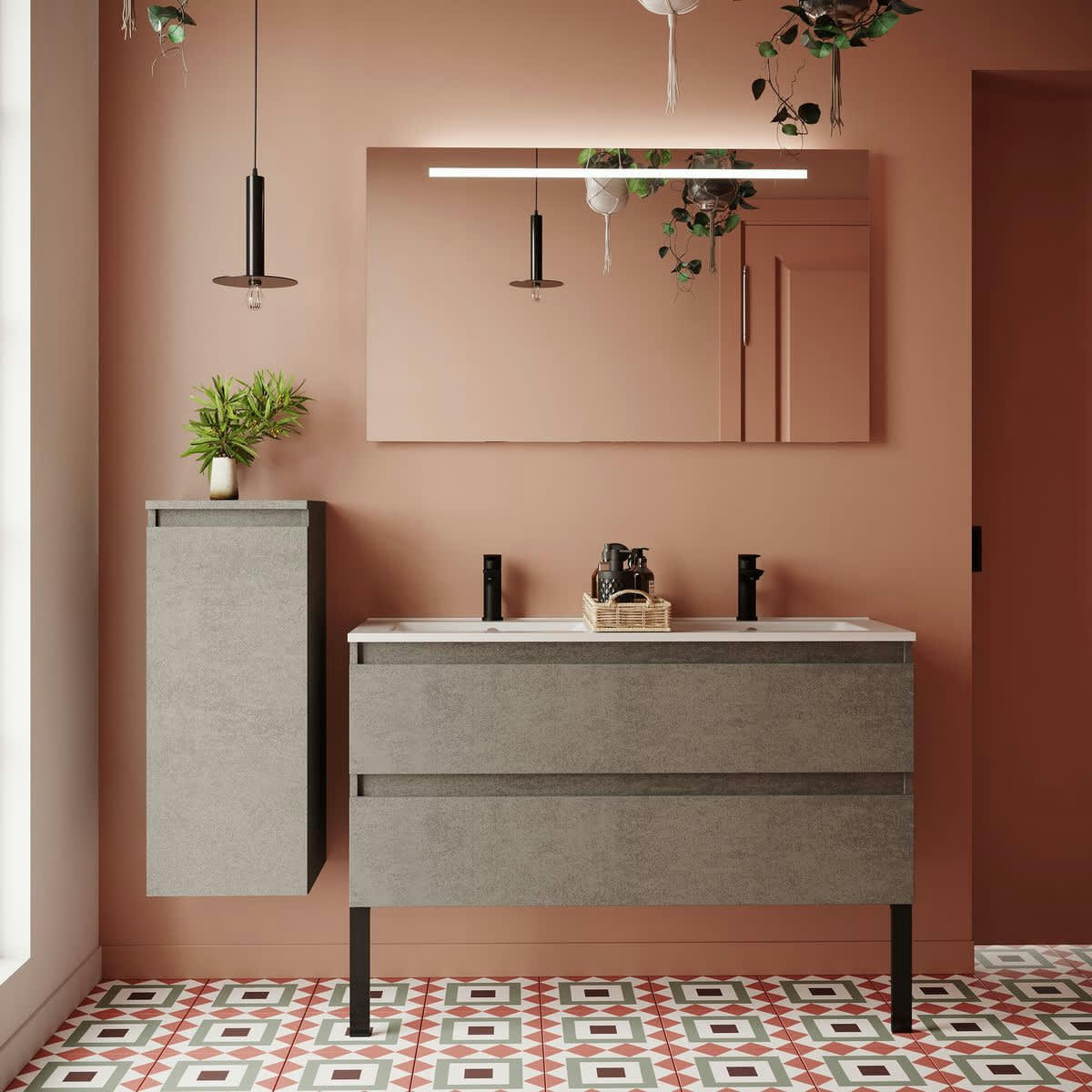 HUDSON - Meuble salle de bain double vasque 120cm 2 tiroirs Béton