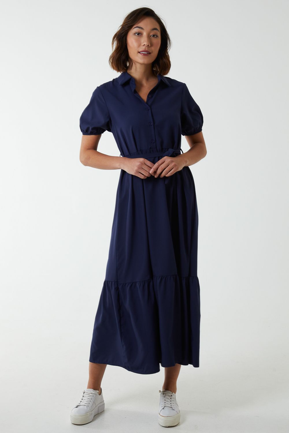 Blue Vanilla Belted Tiered Maxi Dress