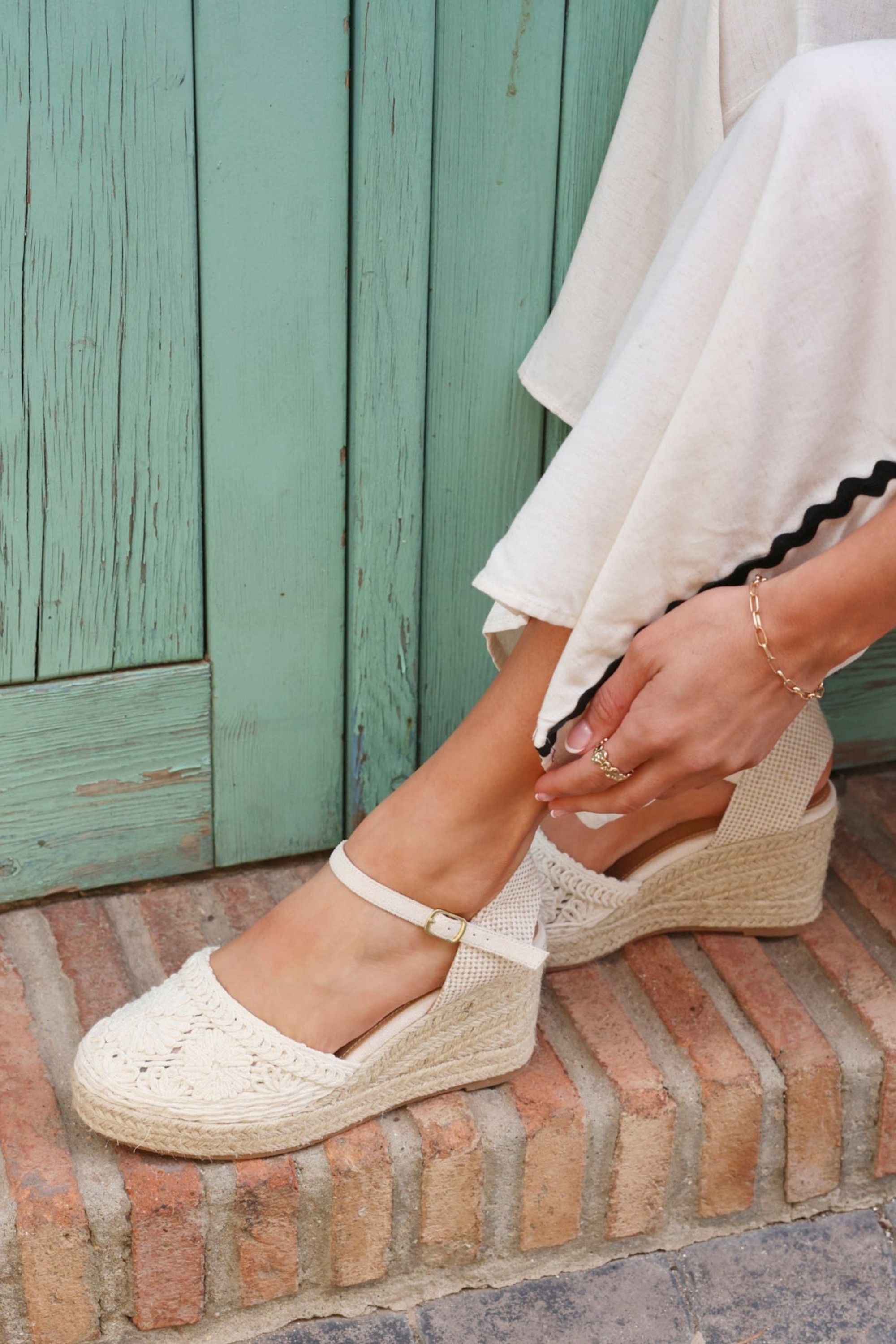 Linzi Mystic Beige Embroidered Espadrille Wedges