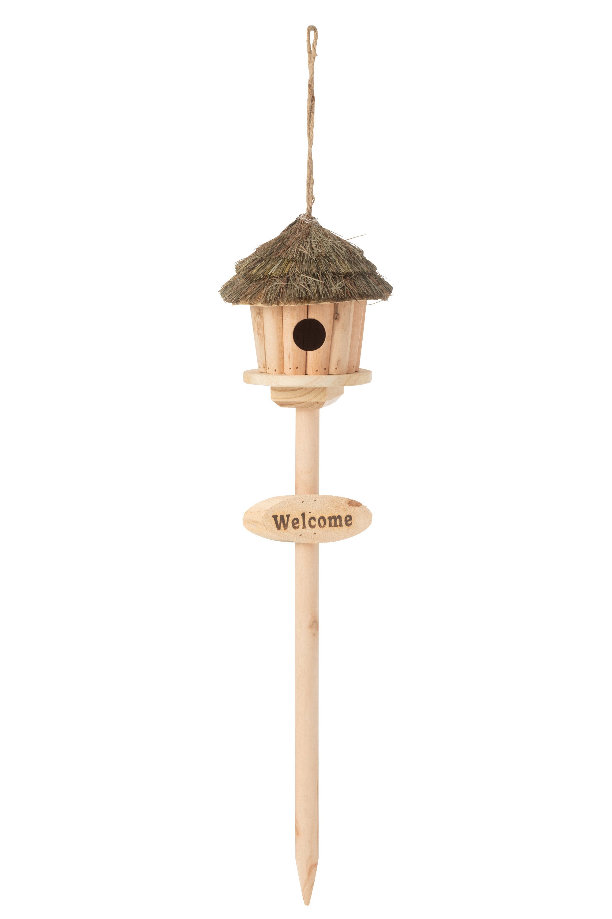 J-Line vogelhuisje Op Paal Welcome - hout/droog gras - naturel