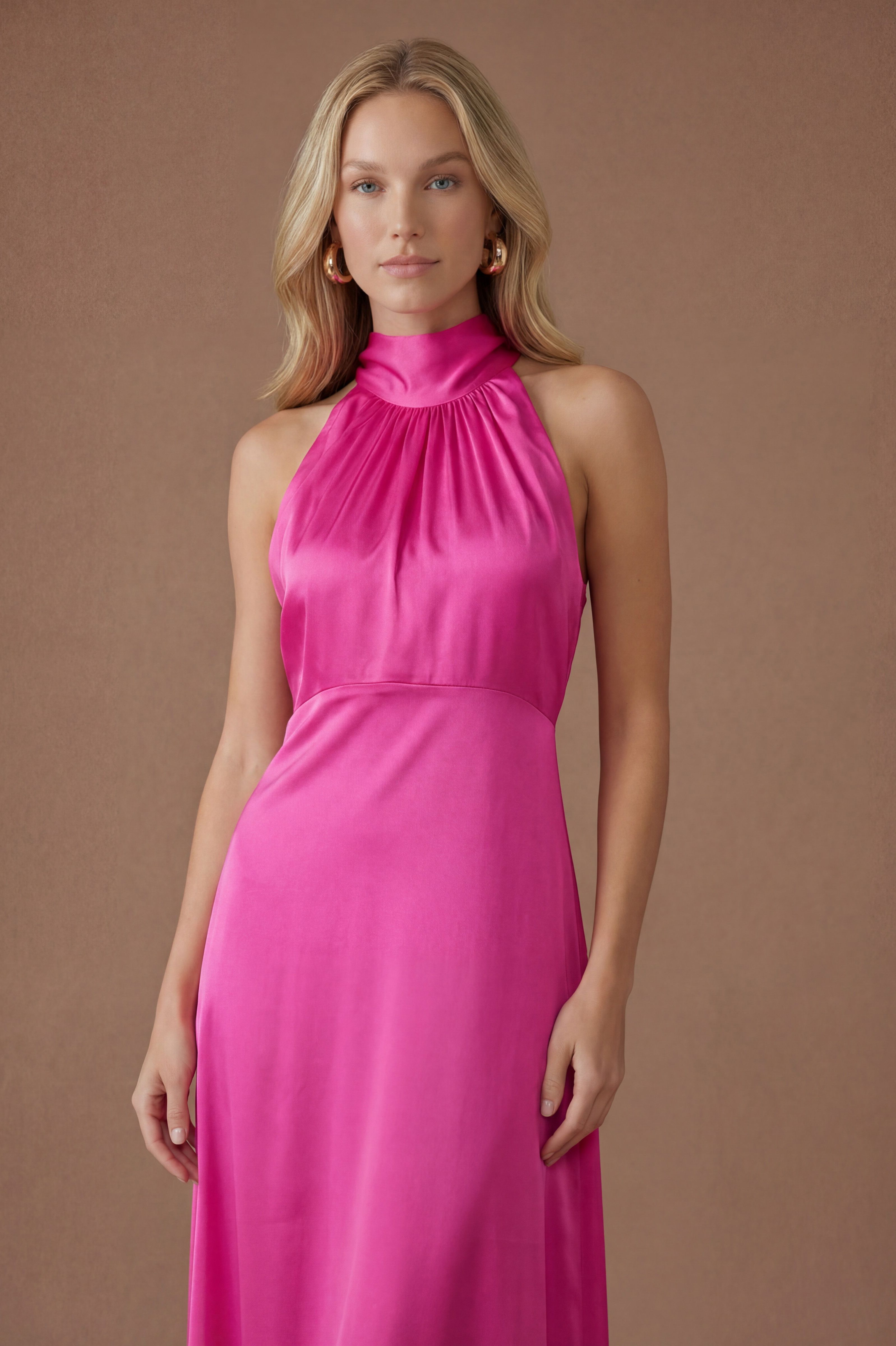 Oasis Bright Pink Satin Halter Neck Maxi Bridesmaid Dress