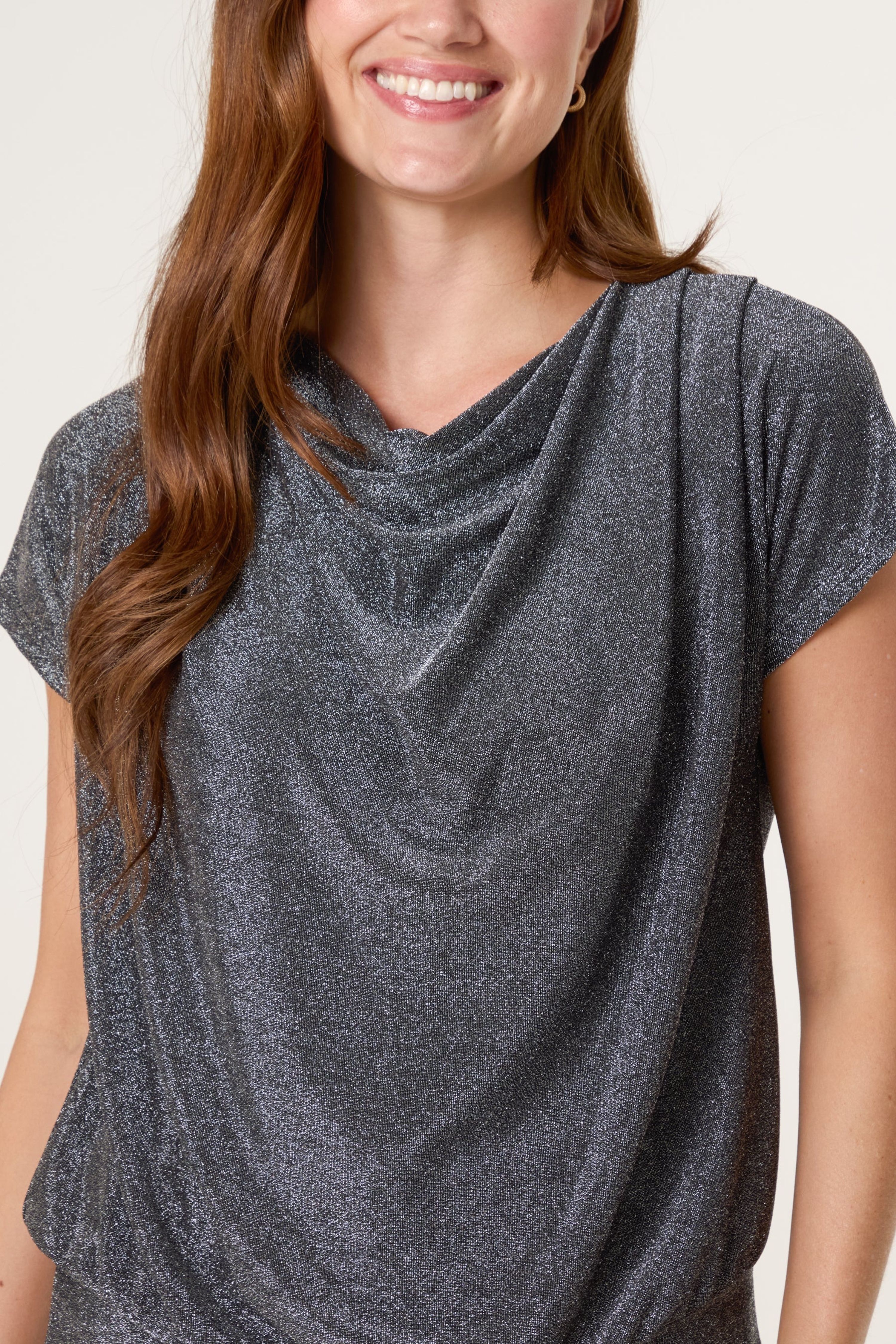 Blue Vanilla Silver Cowl Neck Draped Top