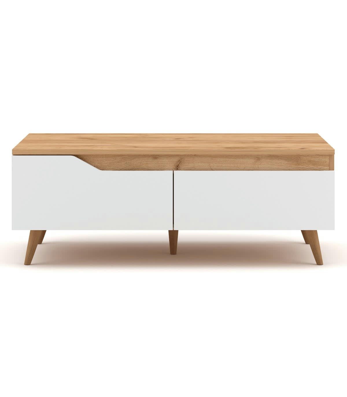 TREE - Table Basse Scandinave 1 Tiroir L100cm - Décor Bois clair et Blanc