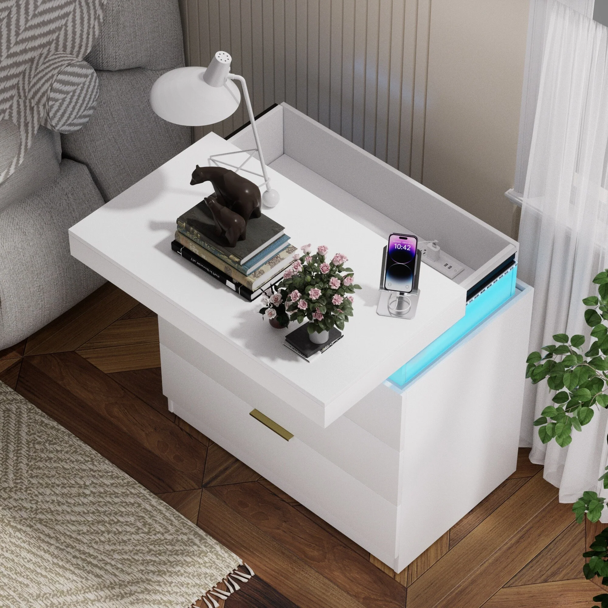 Nightstand With Charging Station And Led Lights, Night Stand With Sliding Top, Bedside Table With Drawers