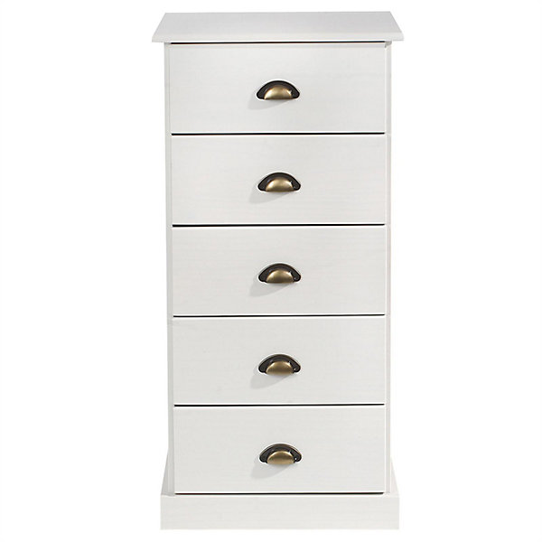 Chiffonnier PARIS en pin massif, 5 tiroirs, lasuré blanc