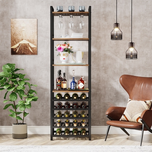 20 Bottle Wine Bakers Rack, 9-Tier Freestanding Floor Wine Rack with Glass Holder and Storage Shelves