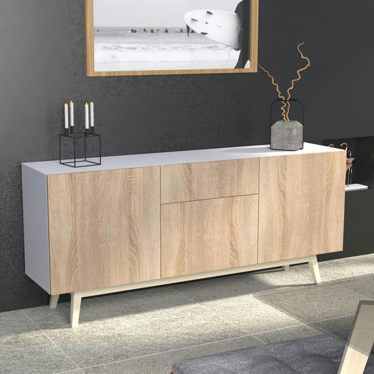 - Buffet 3 portes 1 tiroir chêne blanchi blanc