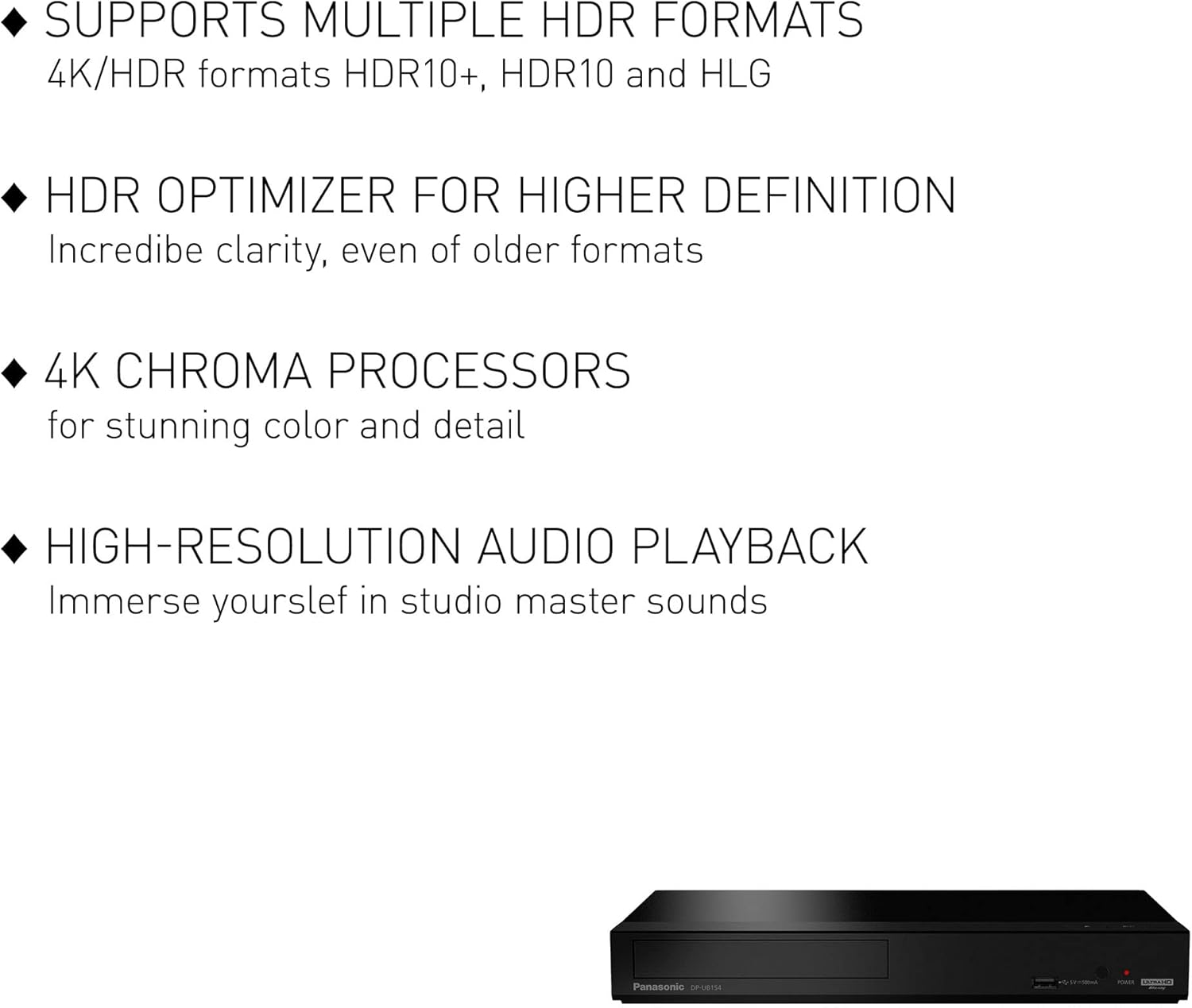 Panasonic 4K Blu Ray Player  Ultra HD Premium Video Playback and Hi-Res Audio - DP-UB154P-K DVD Player (Black)