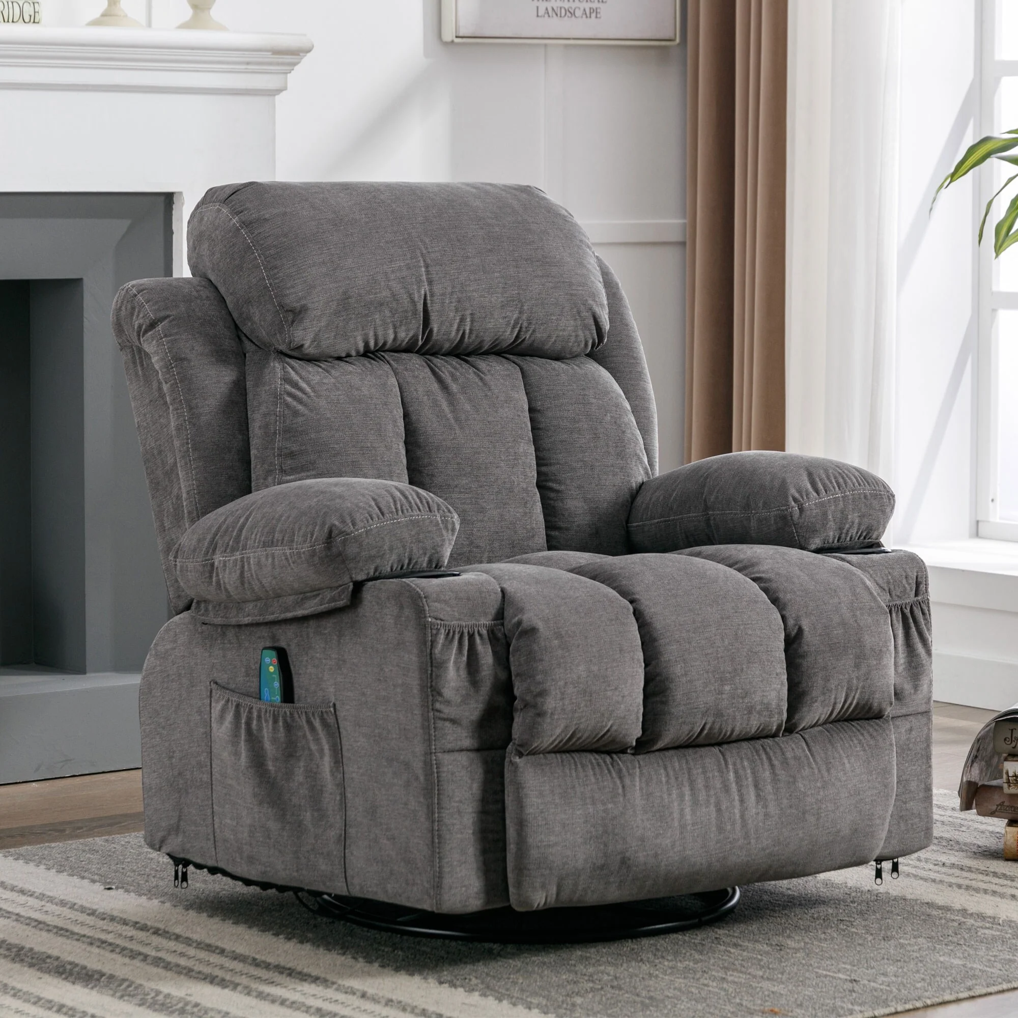 Beige 360° Swivel Recliner with Heated Massage, USB Charging Ports, 2 Cup Holders, and Large Side Pockets