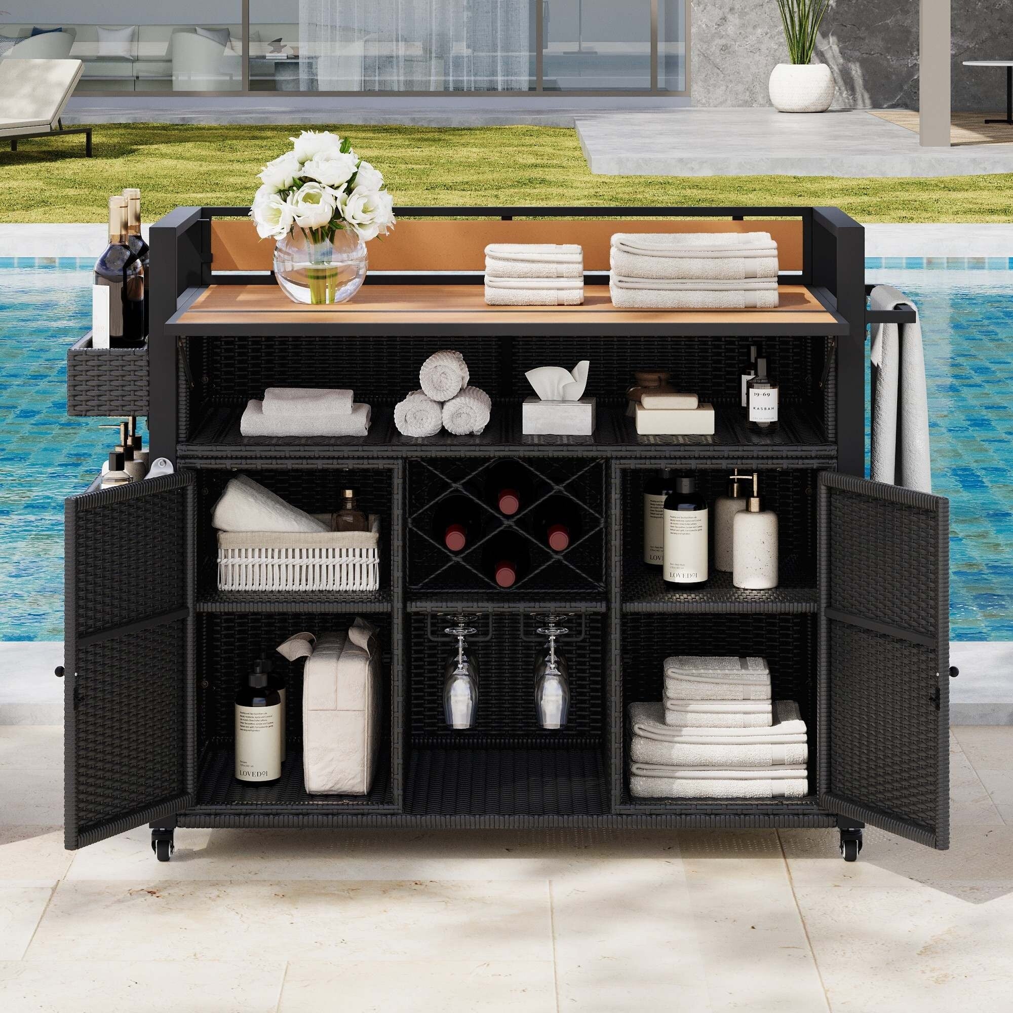 Wicker Outdoor Grill Cart with Drop Leaf Tabletop and Storage Cabinet