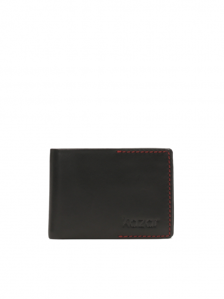 Small black men's wallet trimmed with red thread